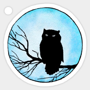 Scary Vintage Owl and Silver Blue Watercolor Moon Sticker